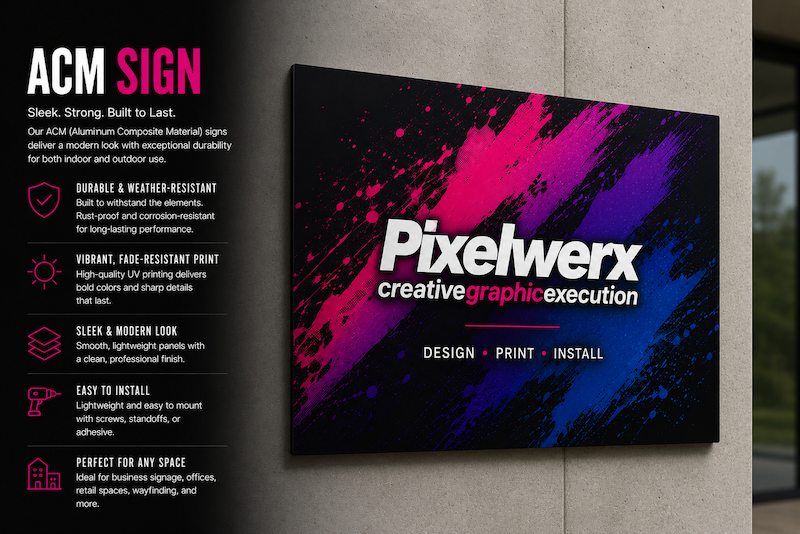 Shop durable 3mm ACM signs for indoor and outdoor use. Ideal for business signage, wayfinding, real estate, construction, and branded displays.