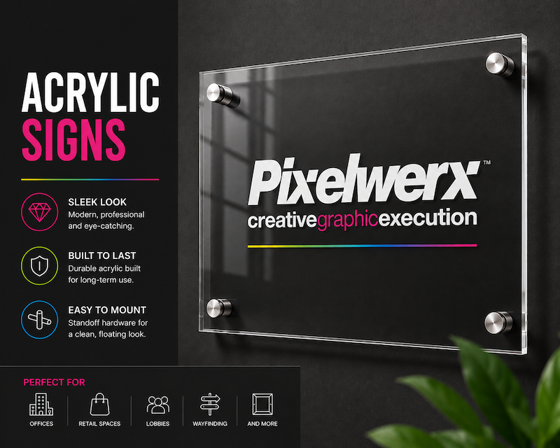 Shop custom 1/4" acrylic signs for lobbies, offices, wayfinding, room identification, branding, and professional interior displays.