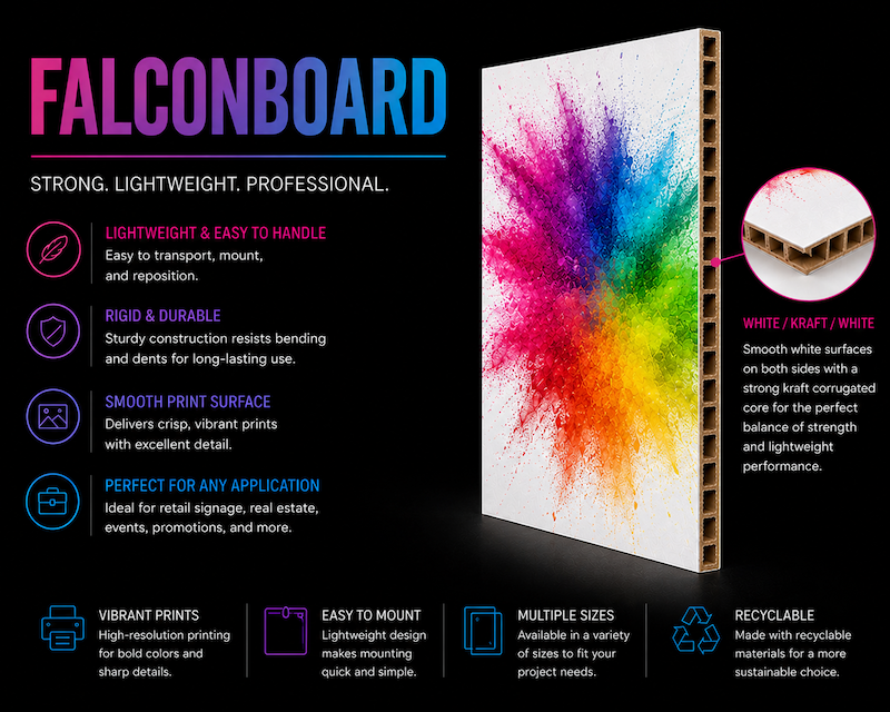 Shop custom Falconboard posters in 1/4" or 1/2" thicknesses with single- or double-sided printing for retail displays, events, trade shows, presentations, and signage.