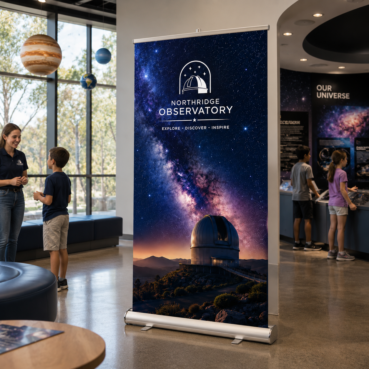 Shop custom 33.5" x 80.7" retractable banner stands with silver hardware or graphic-only replacement options for trade shows, retail, events, conferences, and presentations.