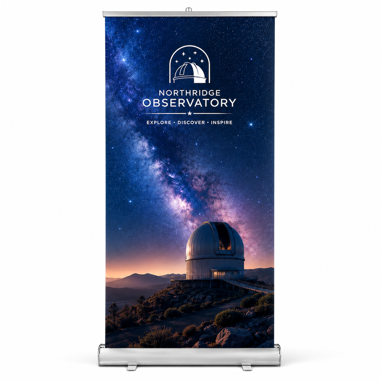 Shop custom 33.5" x 80.7" retractable banner stands with silver hardware or graphic-only replacement options for trade shows, retail, events, conferences, and presentations.