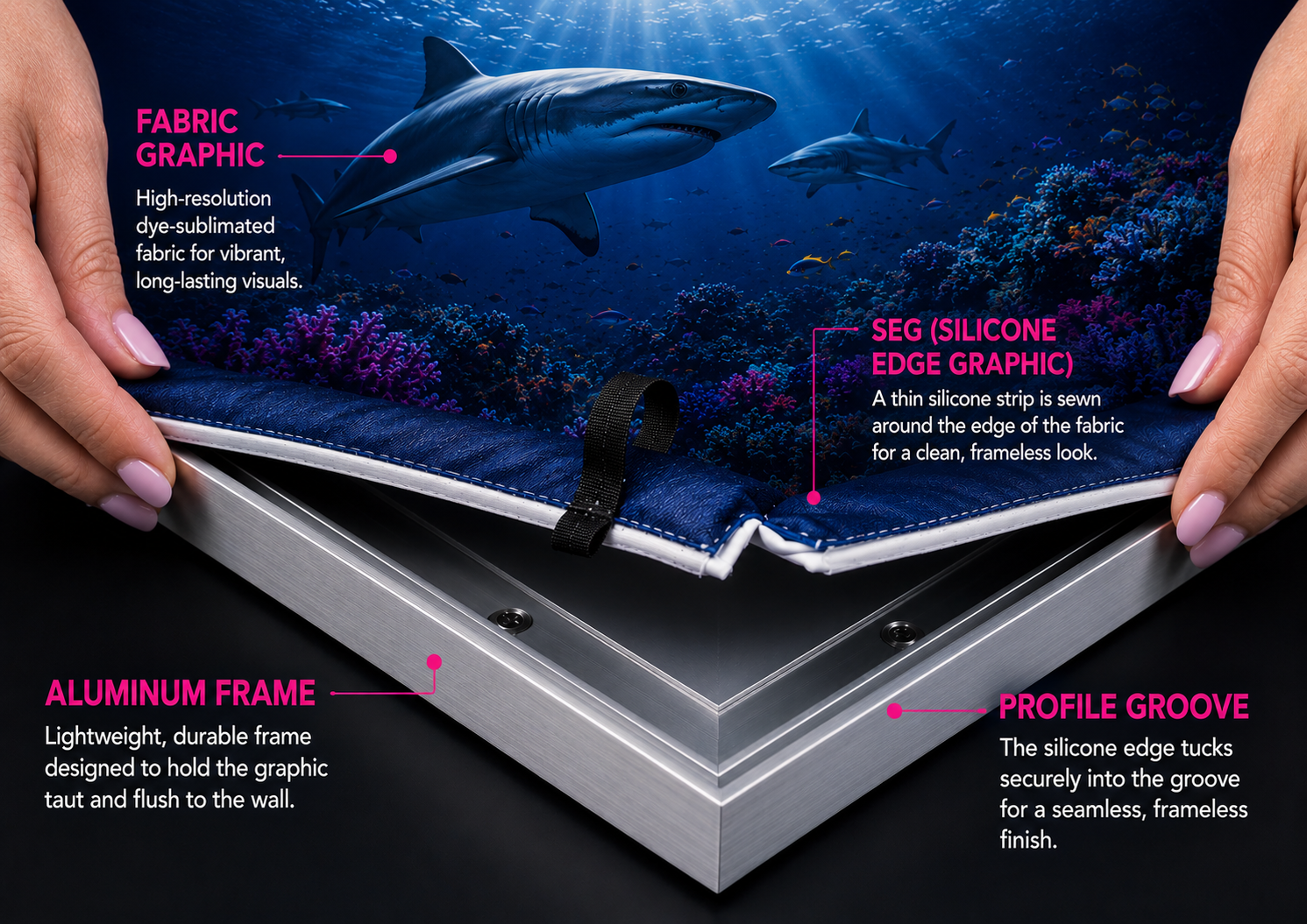 Shop custom SEG Standard Graphics in preset sizes from 18" x 18" to 60" x 60", with silver, black, or no frame for retail, trade shows, events, offices, and branded interiors.
