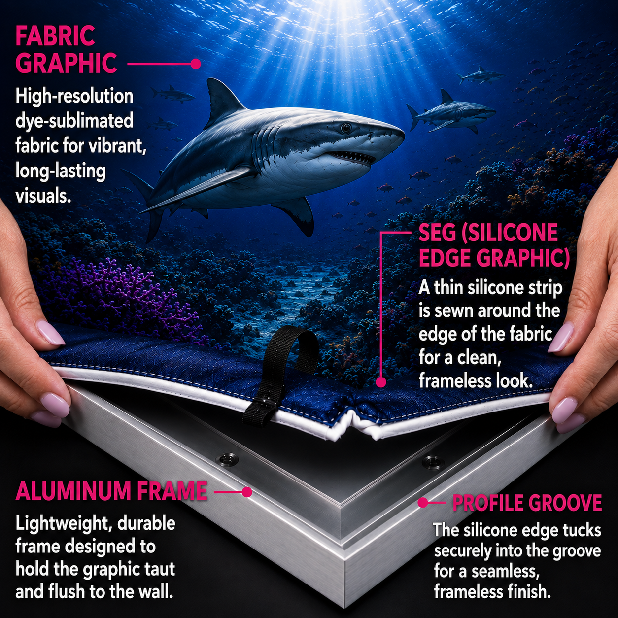 Shop custom SEG Black Back Graphics in preset sizes from 18" x 18" to 60" x 60", with silver, black, or no frame for retail, trade shows, events, and branded interiors.