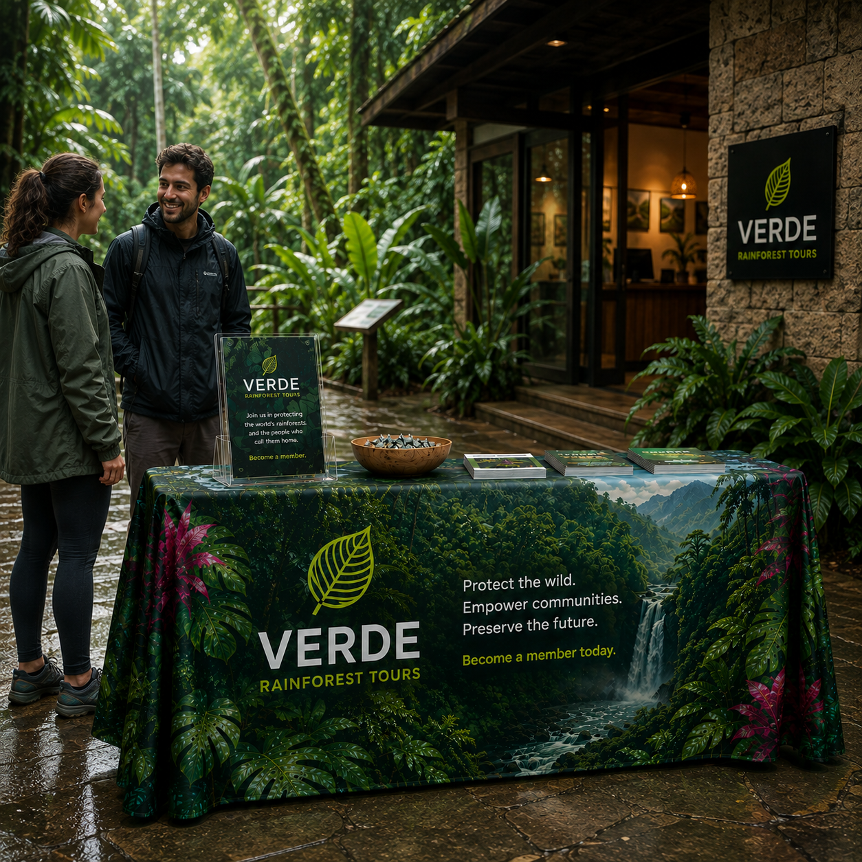 Shop custom 6 ft and 8 ft table throws with full-color printing for trade shows, events, markets, pop-ups, retail promotions, and branded presentations.