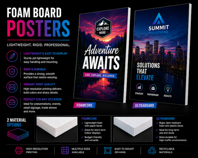 Shop custom foam board posters in Foamcore or Ultraboard with multiple thicknesses and single- or double-sided printing for retail, events, trade shows, presentations, and displays.