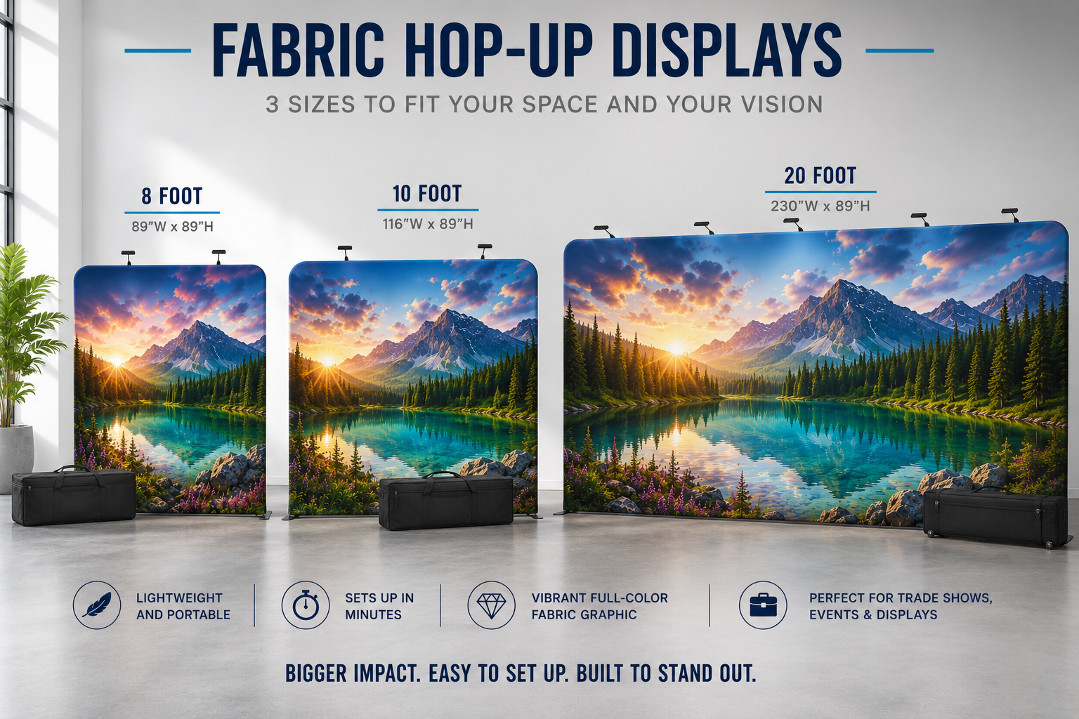 Shop custom 8 ft, 10 ft, and 20 ft fabric hop-up displays with front or full fitted graphics for trade shows, events, presentations, photo backdrops, and branded spaces.
