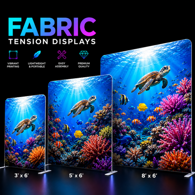 Shop custom fabric pillowcase displays in 3' x 6', 5' x 6', and 8' x 6' sizes with double-sided graphics for trade shows, events, retail, photo backdrops, and branding.