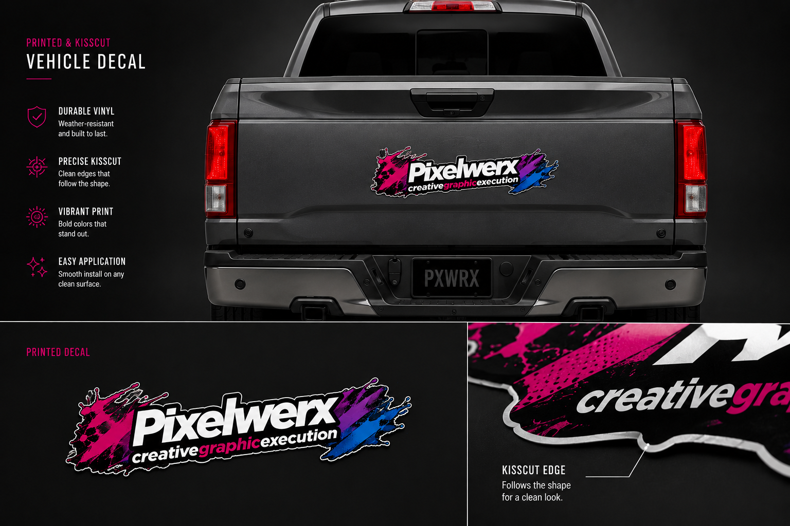 Shop custom vehicle decals printed on premium cast vinyl with gloss or matte laminate for cars, trucks, vans, trailers, service vehicles, and fleet branding.