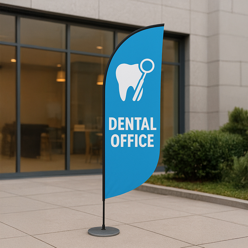 Shop custom feather flags with single- or double-sided printing and black display hardware for storefronts, events, promotions, grand openings, and branded outdoor displays.